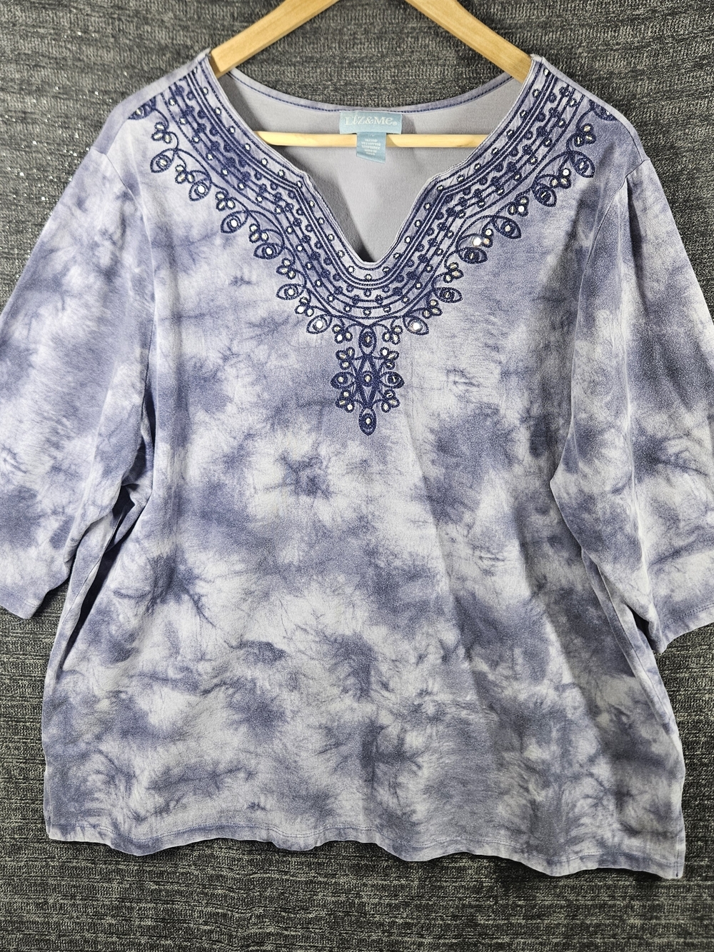 Liz & Me Lavender Tie-Dye V-Neck Embroidered Tunic 3/4 sleeve 1X